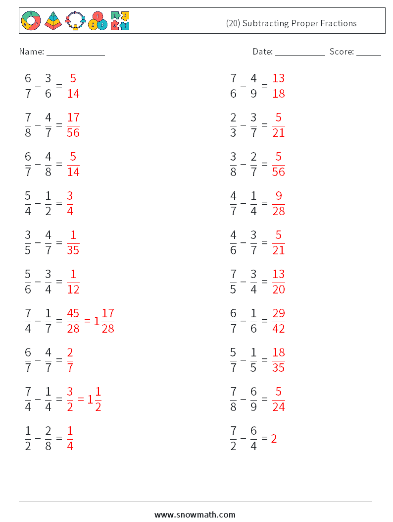 (20) Subtracting Proper Fractions Math Worksheets 8 Question, Answer