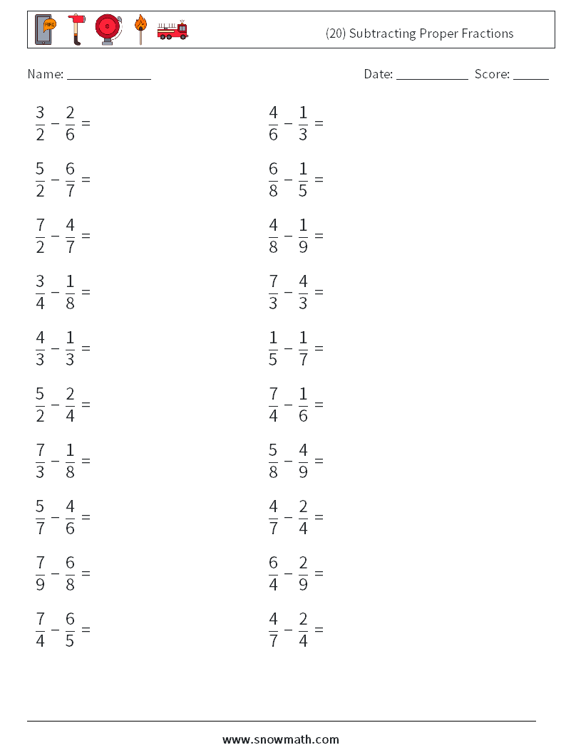 (20) Subtracting Proper Fractions Math Worksheets 9