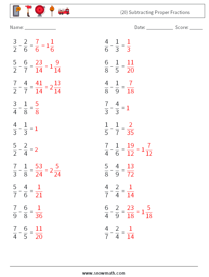 (20) Subtracting Proper Fractions Math Worksheets 9 Question, Answer
