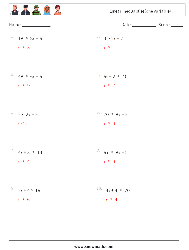 Linear Inequalities(one variable) Math Worksheets 1 Question, Answer