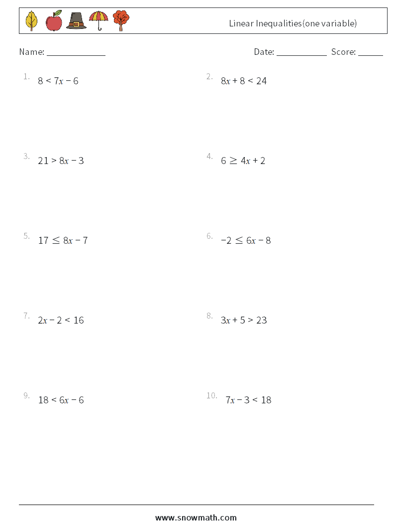 Linear Inequalities(one variable) Math Worksheets 4