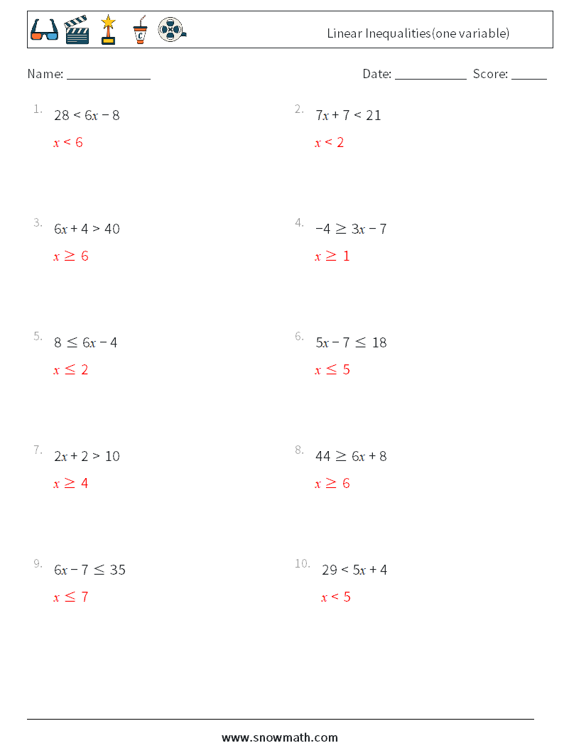 Linear Inequalities(one variable) Math Worksheets 5 Question, Answer