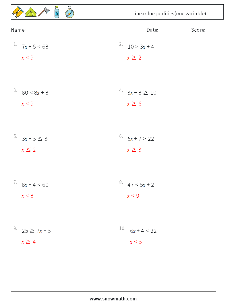 Linear Inequalities(one variable) Math Worksheets 6 Question, Answer