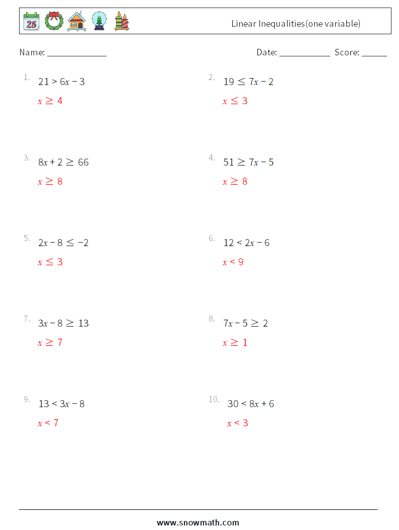 Linear Inequalities(one variable) Math Worksheets 7 Question, Answer