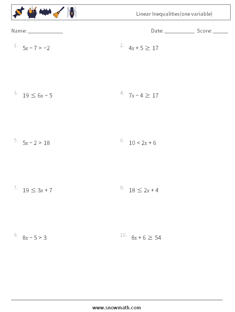 Linear Inequalities(one variable) Math Worksheets 8