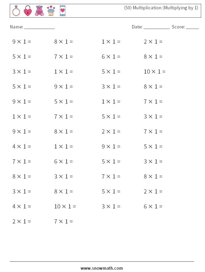 (50) Multiplication (Multiplying by 1) Math Worksheets 1