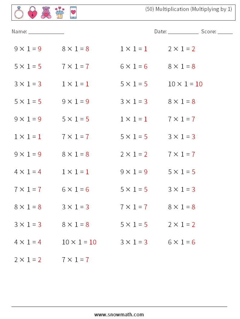 (50) Multiplication (Multiplying by 1) Math Worksheets 1 Question, Answer