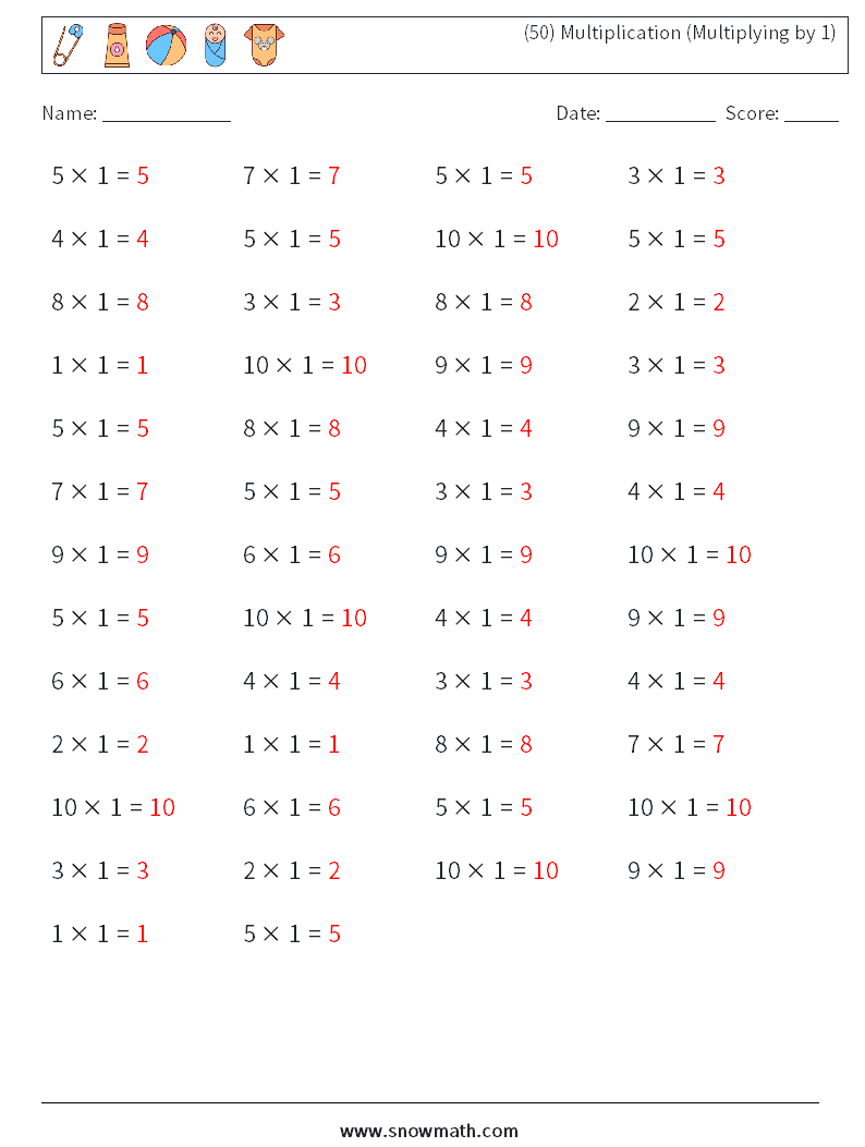 (50) Multiplication (Multiplying by 1) Math Worksheets 2 Question, Answer