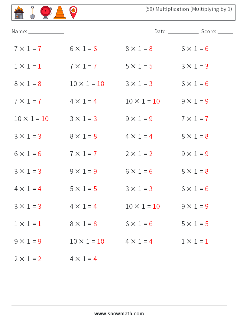 (50) Multiplication (Multiplying by 1) Math Worksheets 3 Question, Answer