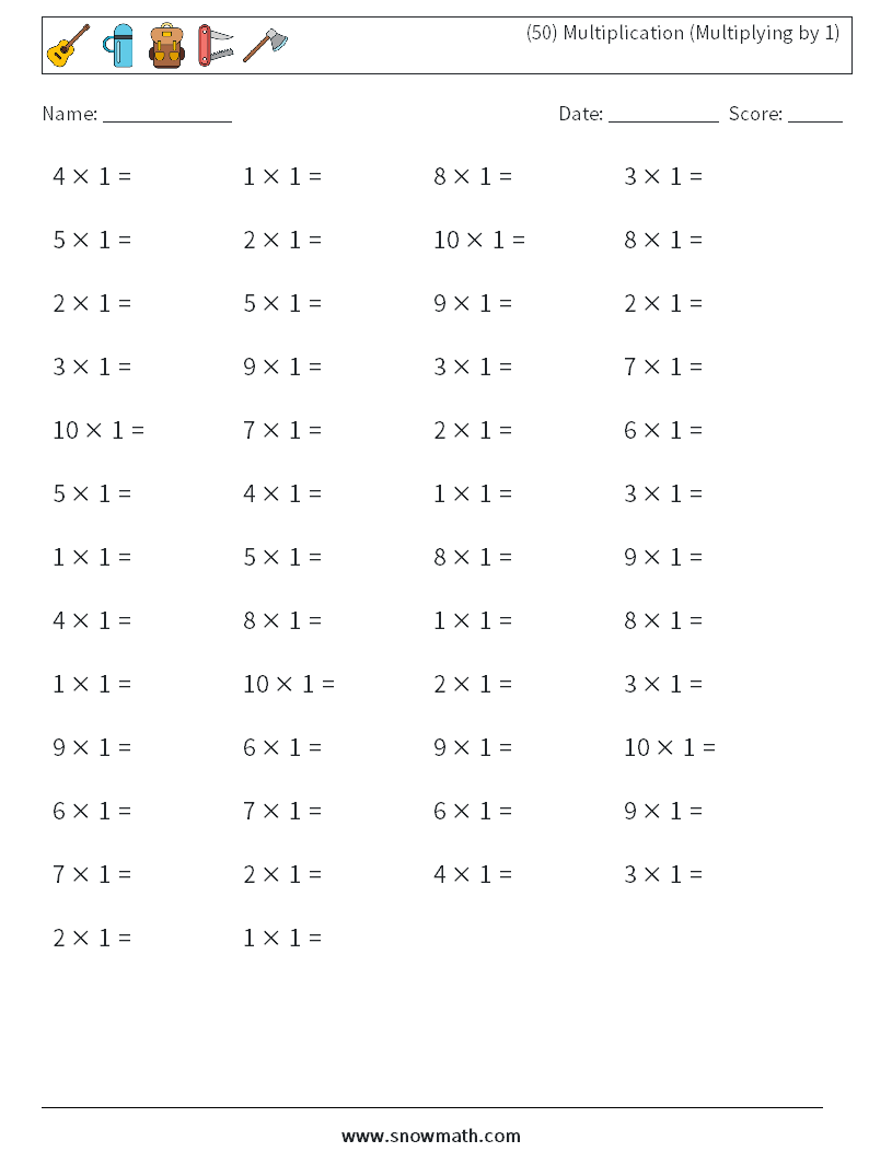 (50) Multiplication (Multiplying by 1) Math Worksheets 4