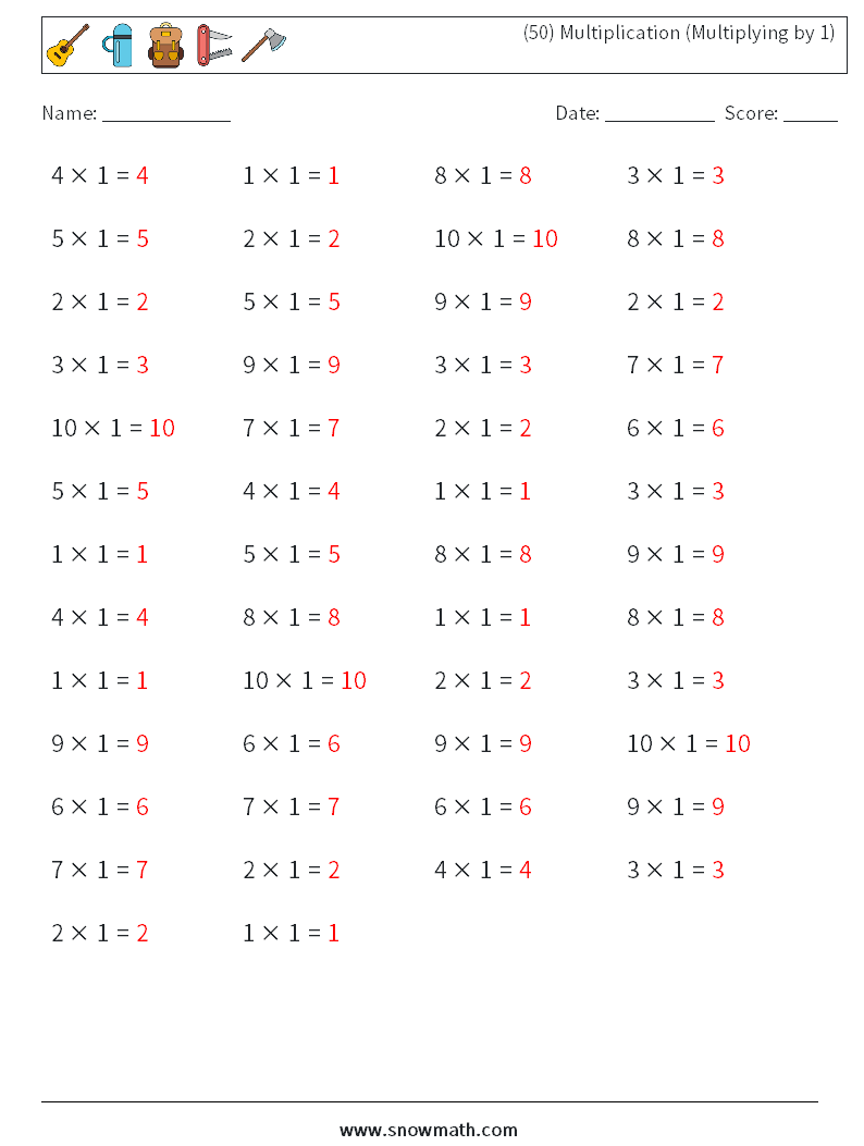 (50) Multiplication (Multiplying by 1) Math Worksheets 4 Question, Answer