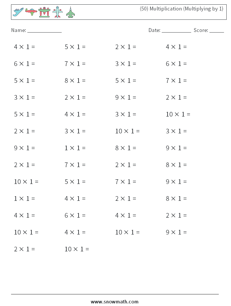 (50) Multiplication (Multiplying by 1) Math Worksheets 5
