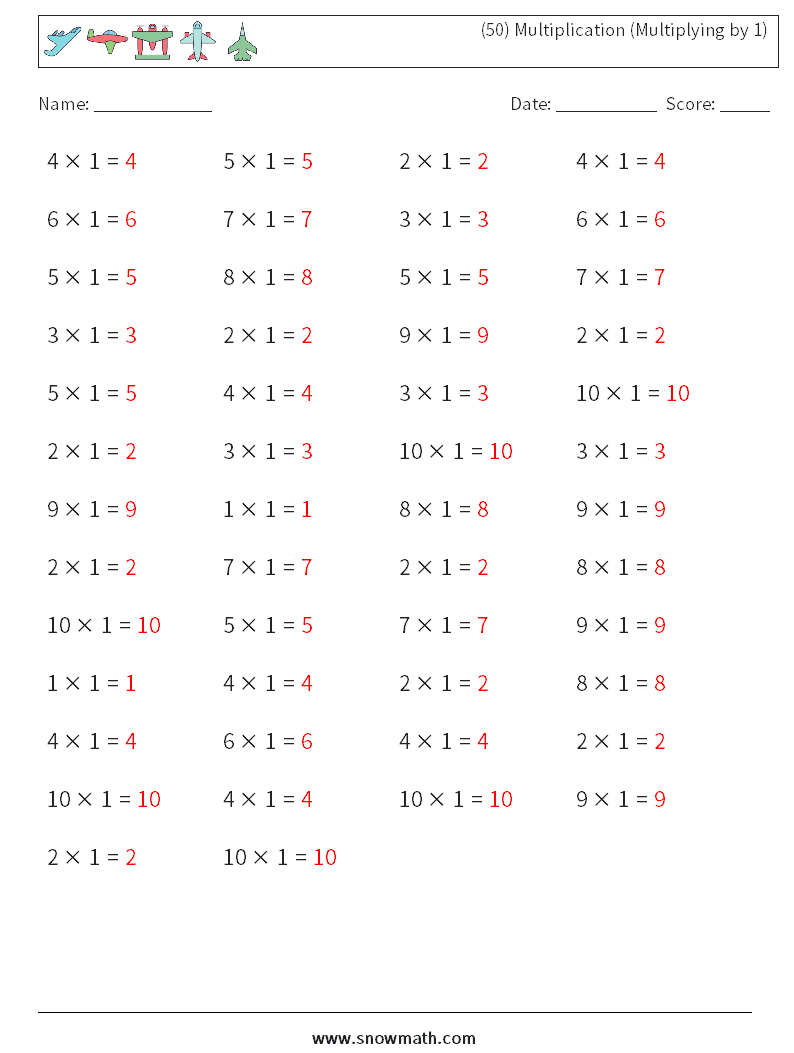 (50) Multiplication (Multiplying by 1) Math Worksheets 5 Question, Answer
