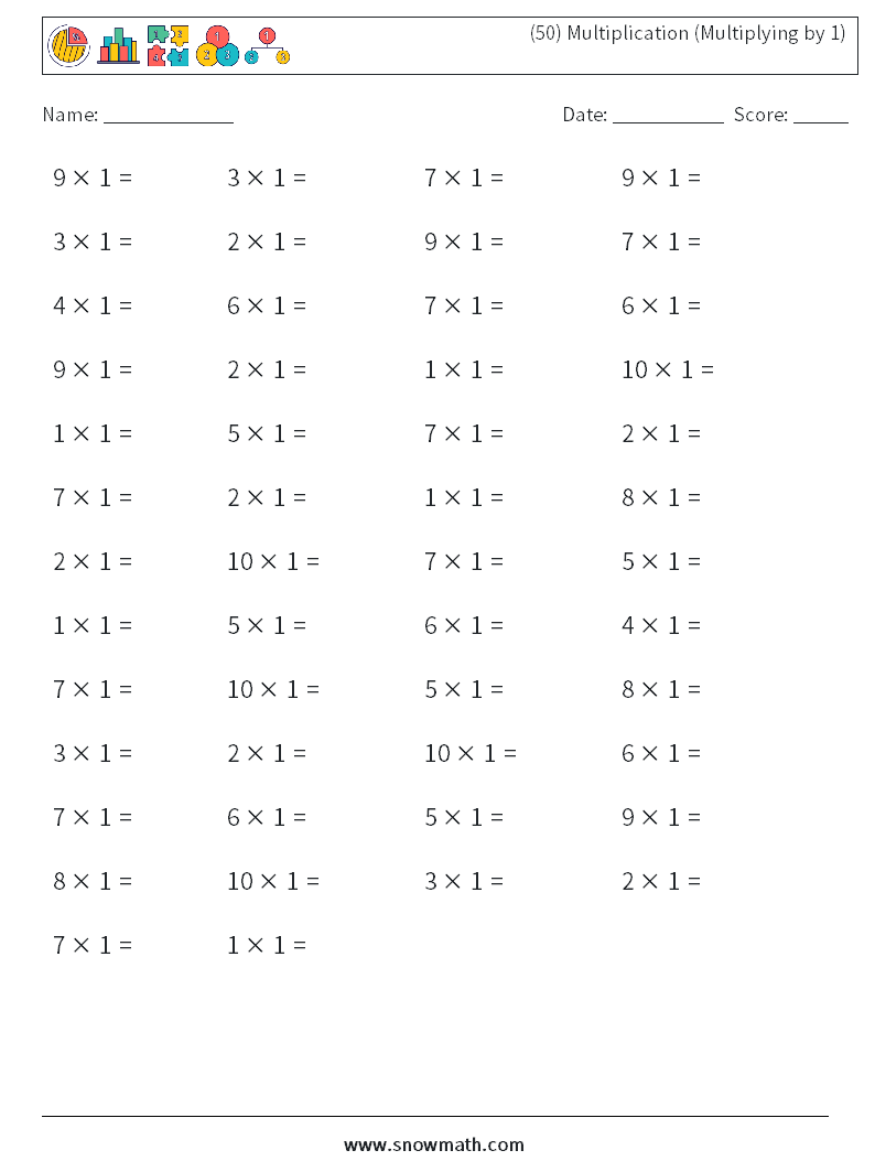 (50) Multiplication (Multiplying by 1) Math Worksheets 6