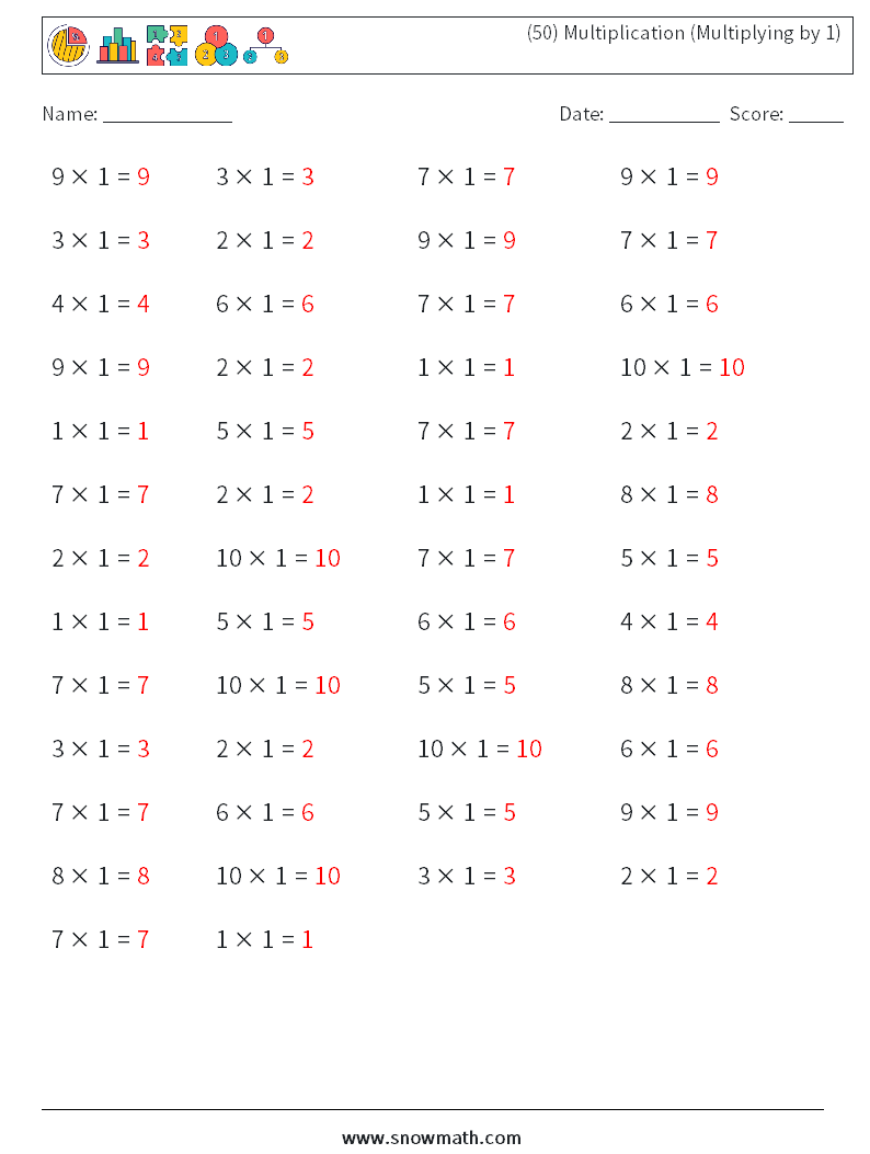 (50) Multiplication (Multiplying by 1) Math Worksheets 6 Question, Answer