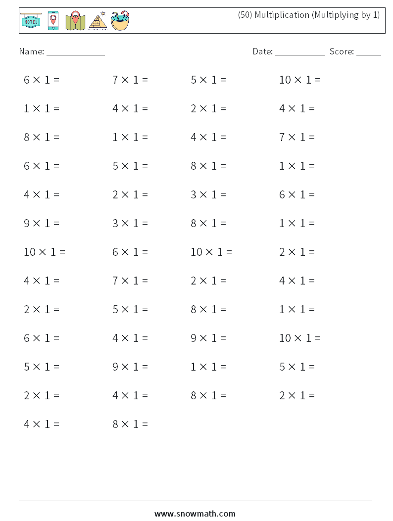 (50) Multiplication (Multiplying by 1) Math Worksheets 7