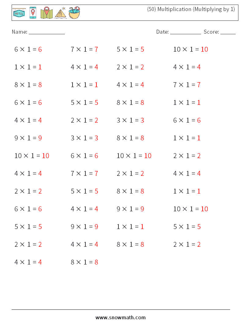 (50) Multiplication (Multiplying by 1) Math Worksheets 7 Question, Answer