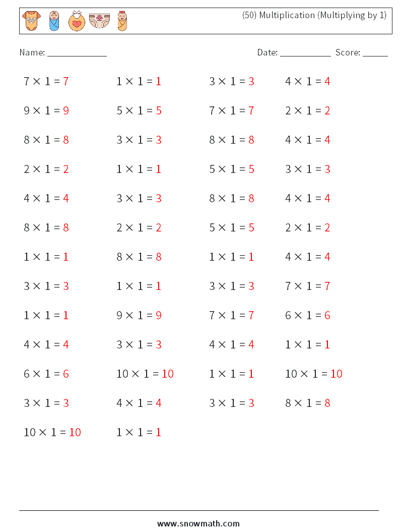 (50) Multiplication (Multiplying by 1) Math Worksheets 8 Question, Answer