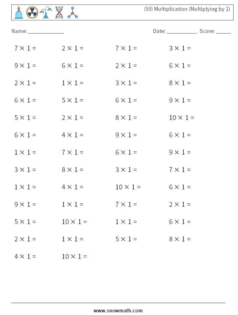 (50) Multiplication (Multiplying by 1) Math Worksheets 9