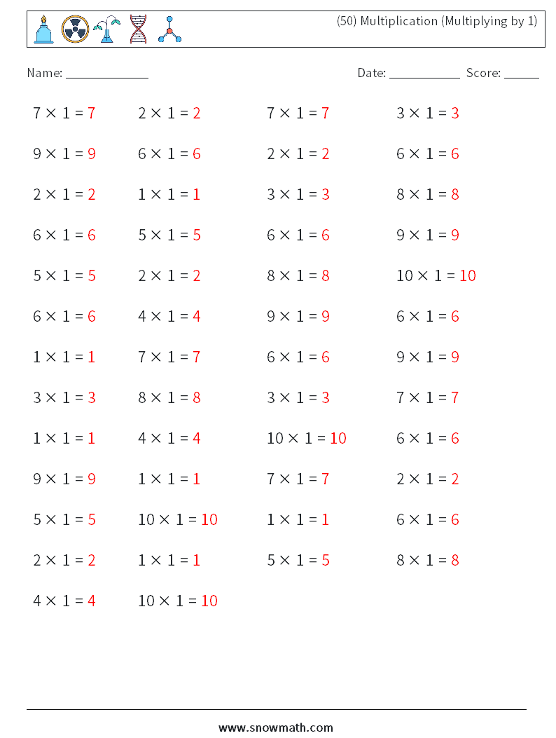 (50) Multiplication (Multiplying by 1) Math Worksheets 9 Question, Answer