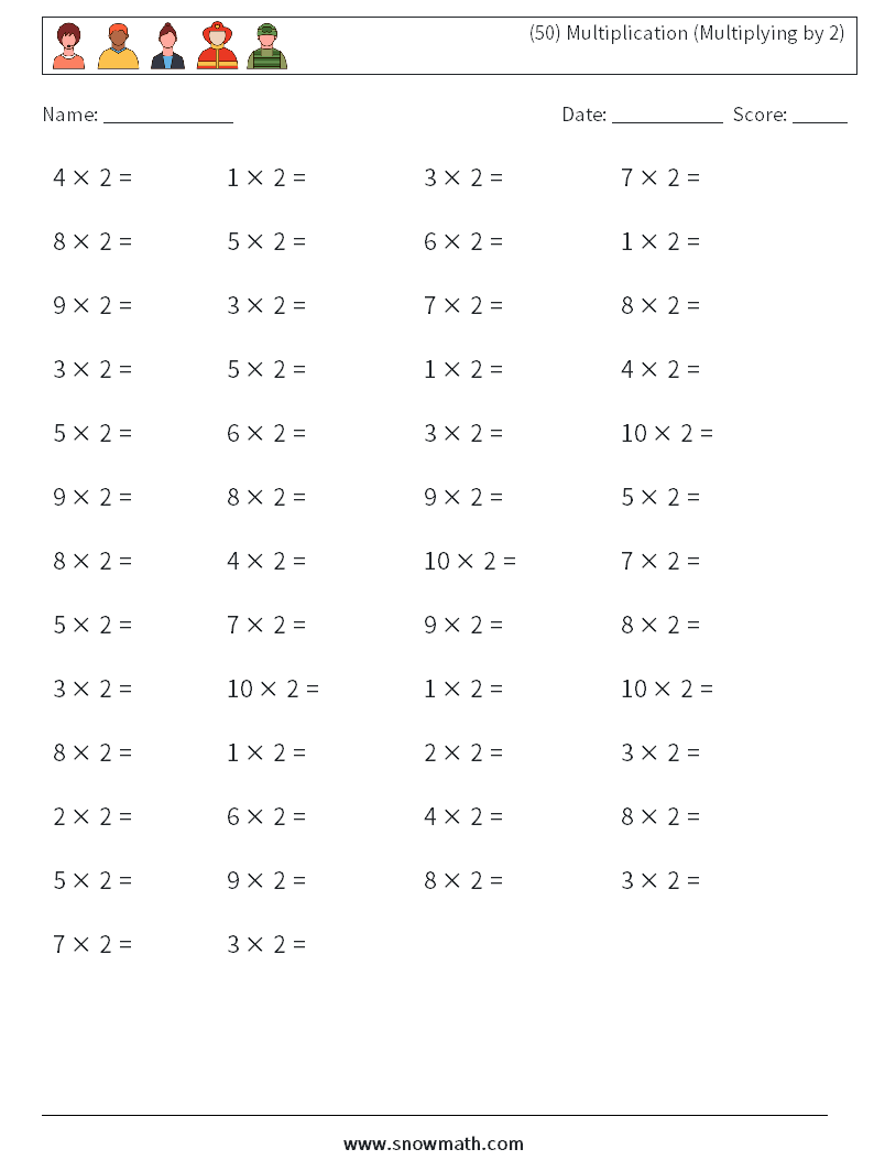 (50) Multiplication (Multiplying by 2) Math Worksheets 1