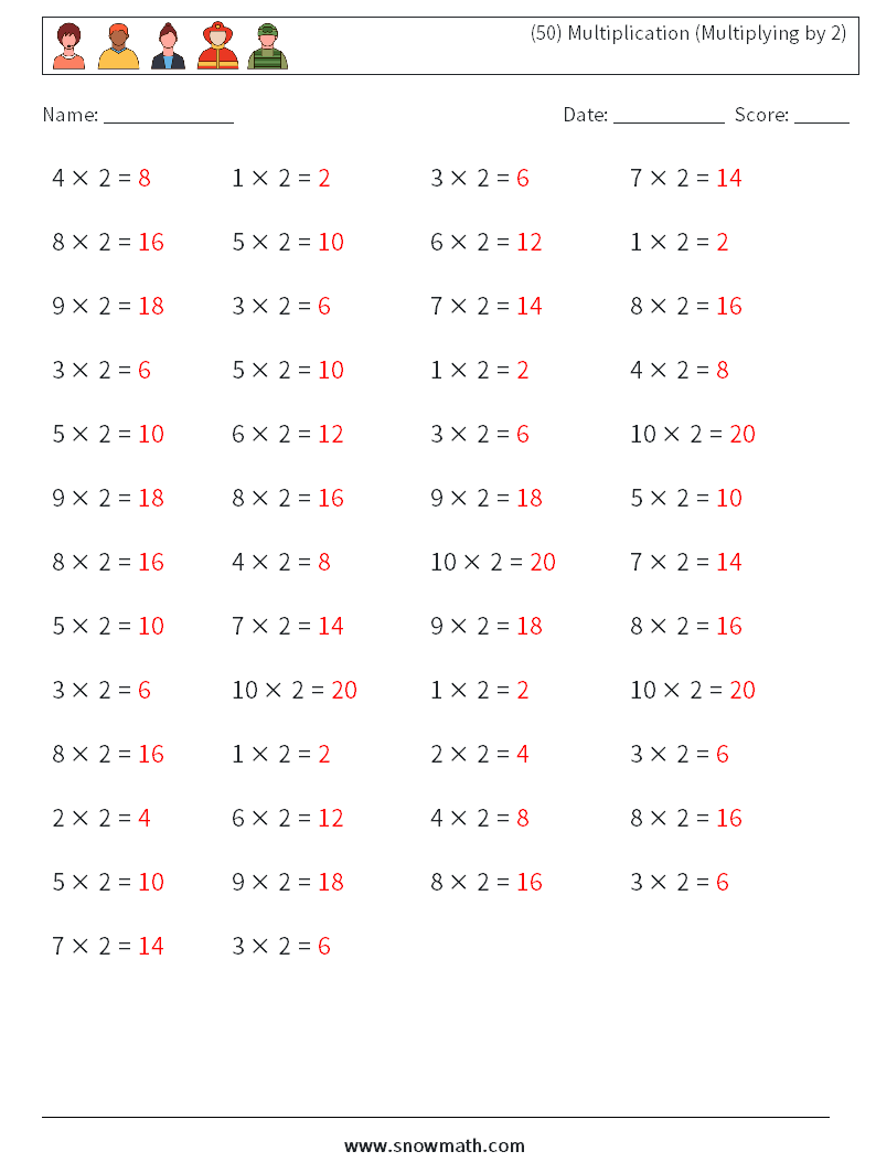 (50) Multiplication (Multiplying by 2) Math Worksheets 1 Question, Answer