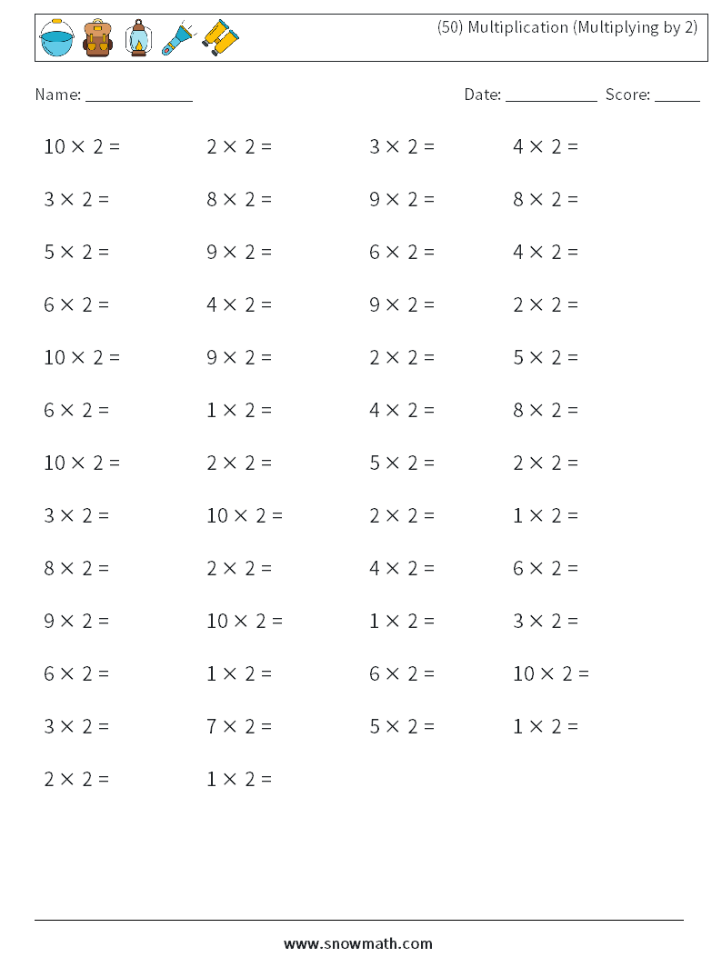 (50) Multiplication (Multiplying by 2) Math Worksheets 2