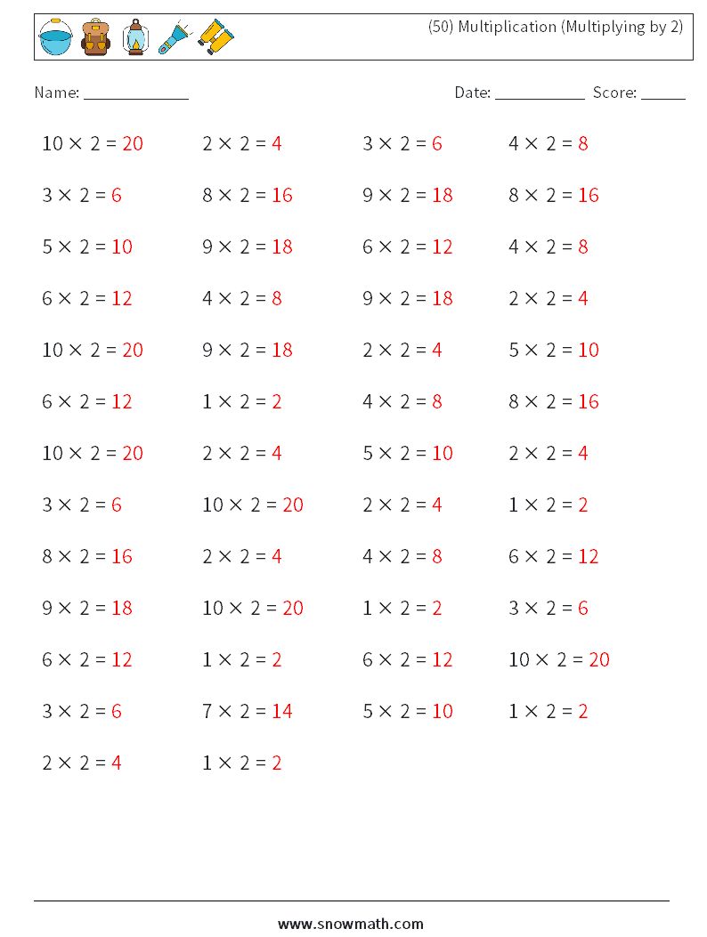 (50) Multiplication (Multiplying by 2) Math Worksheets 2 Question, Answer