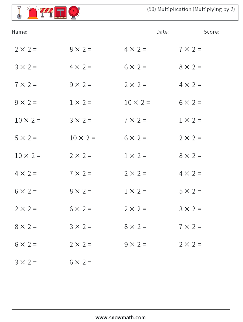 (50) Multiplication (Multiplying by 2) Math Worksheets 3