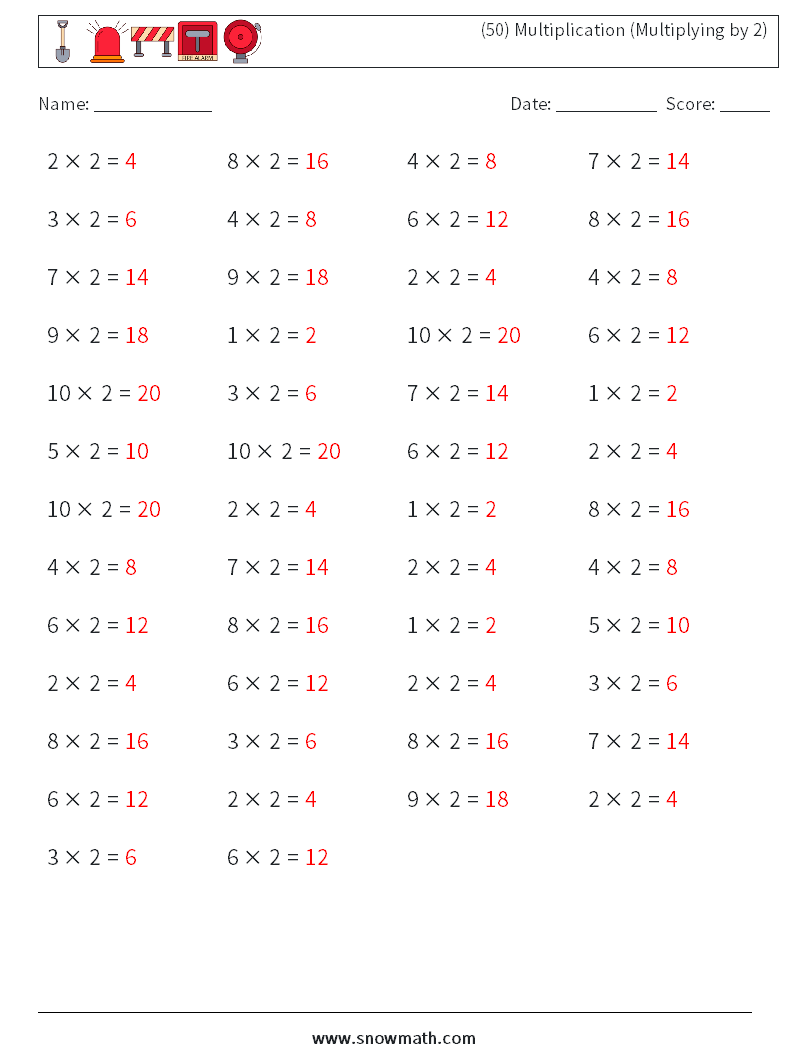 (50) Multiplication (Multiplying by 2) Math Worksheets 3 Question, Answer