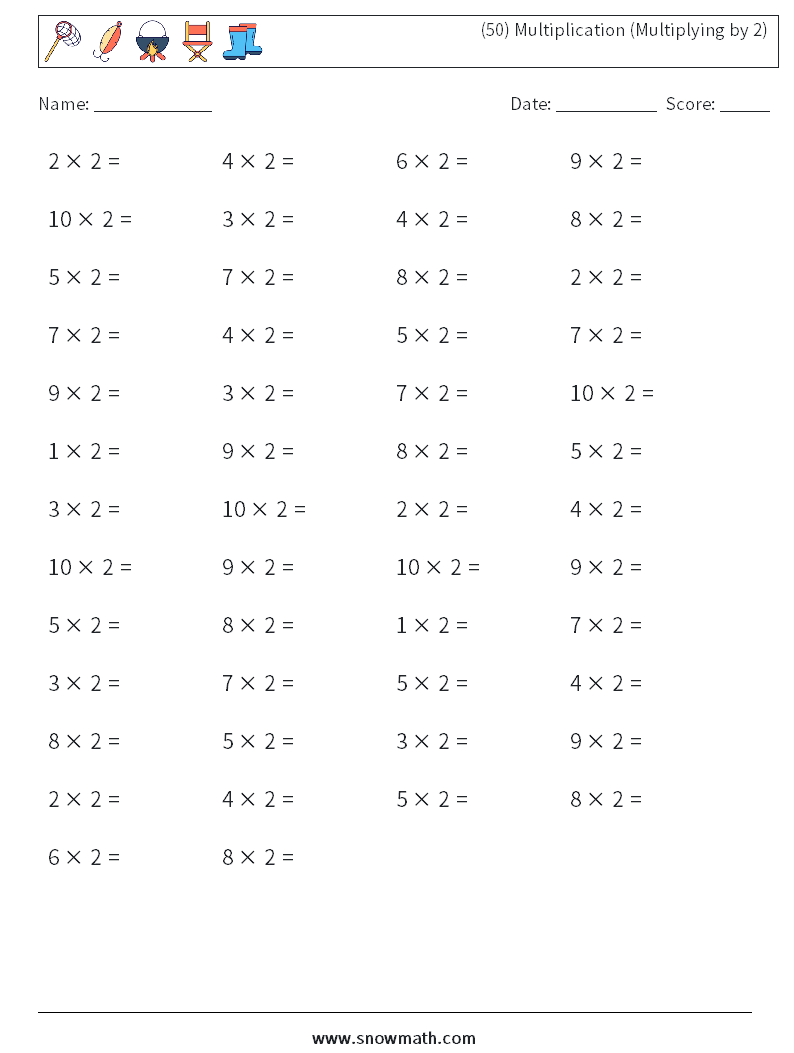 (50) Multiplication (Multiplying by 2) Math Worksheets 4