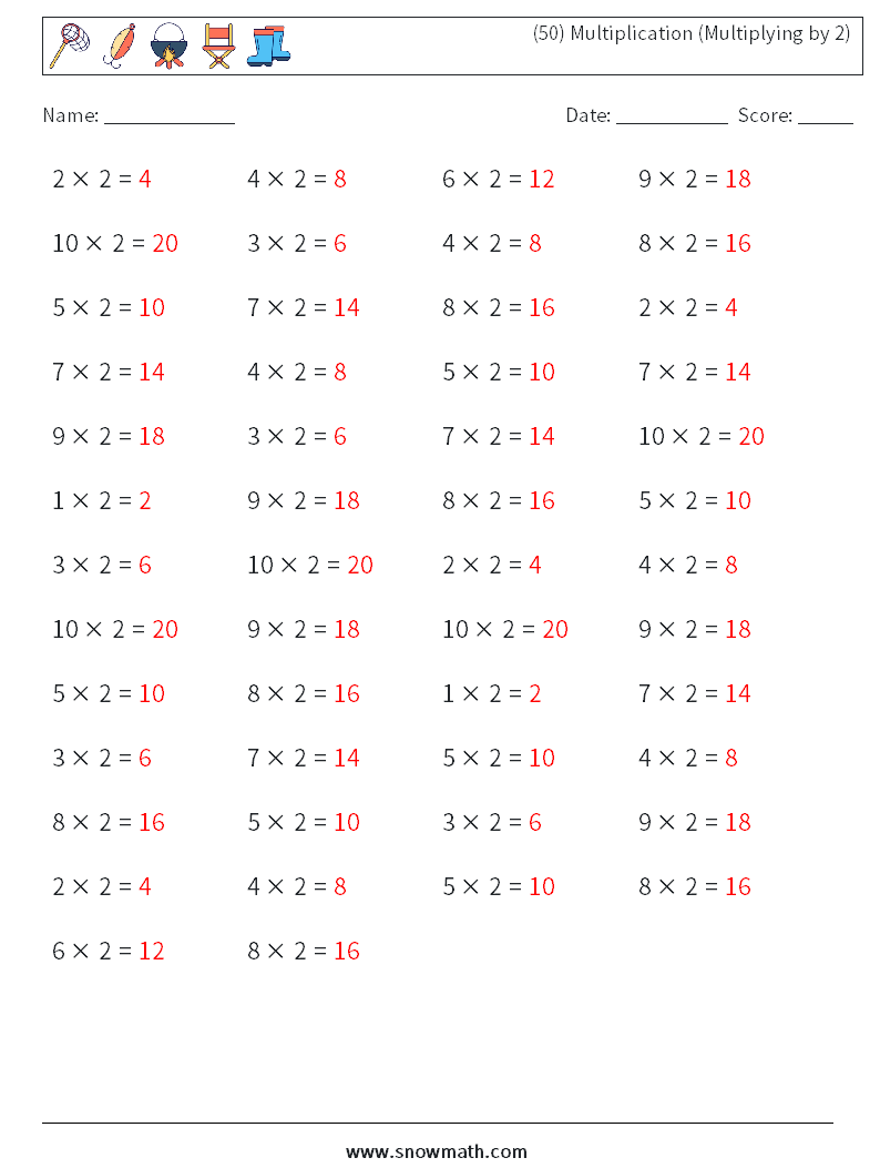(50) Multiplication (Multiplying by 2) Math Worksheets 4 Question, Answer