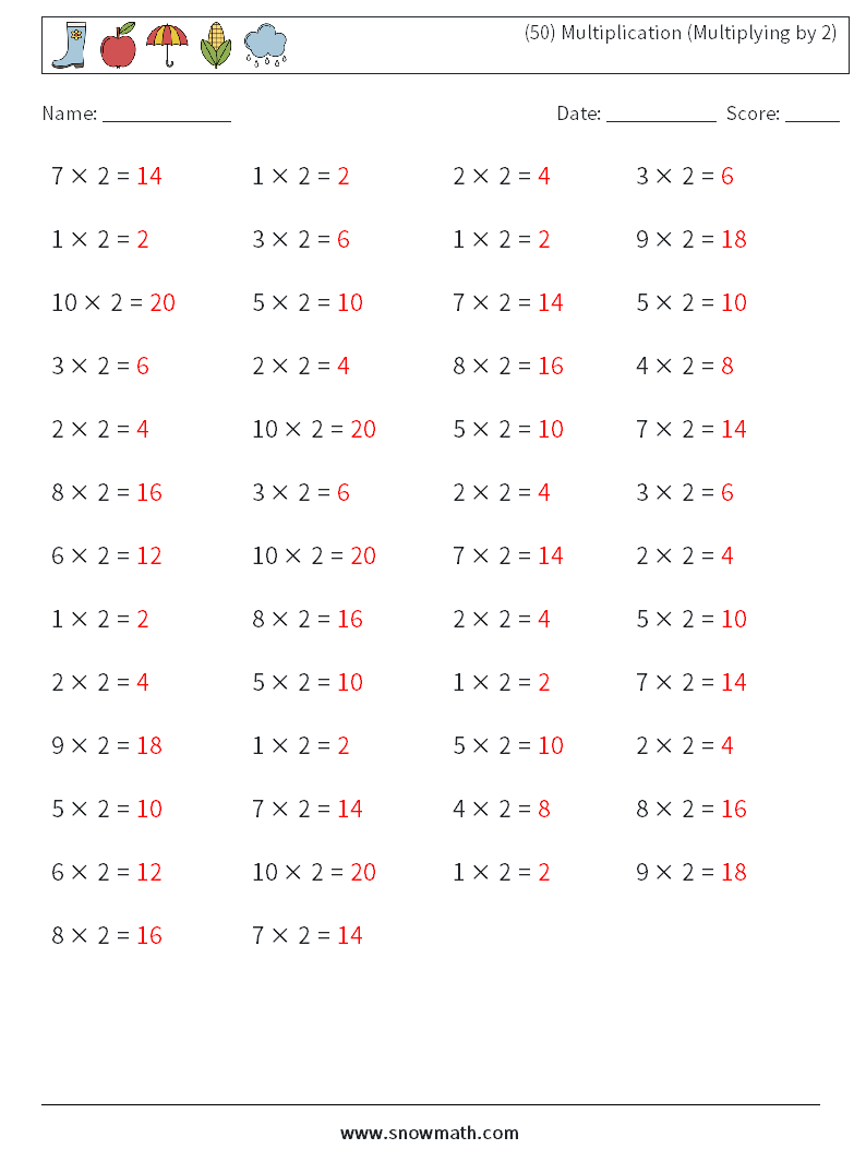 (50) Multiplication (Multiplying by 2) Math Worksheets 5 Question, Answer
