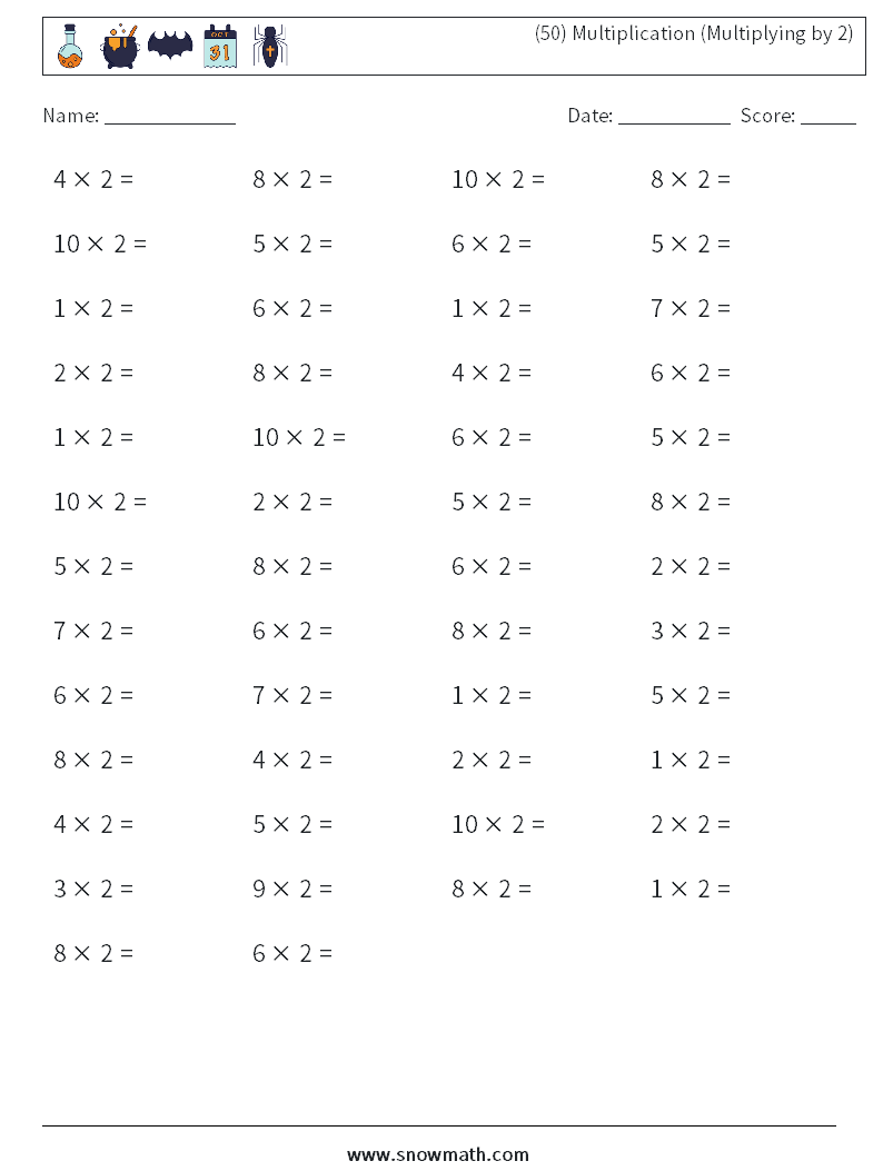 (50) Multiplication (Multiplying by 2) Math Worksheets 6