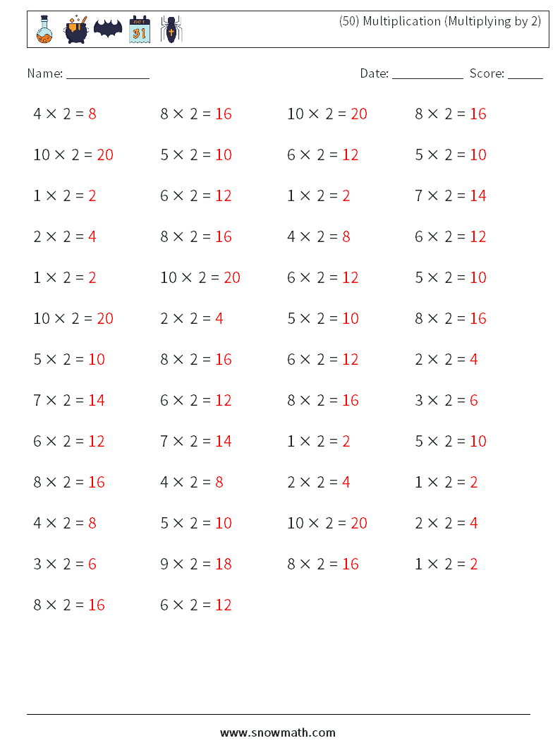 (50) Multiplication (Multiplying by 2) Math Worksheets 6 Question, Answer