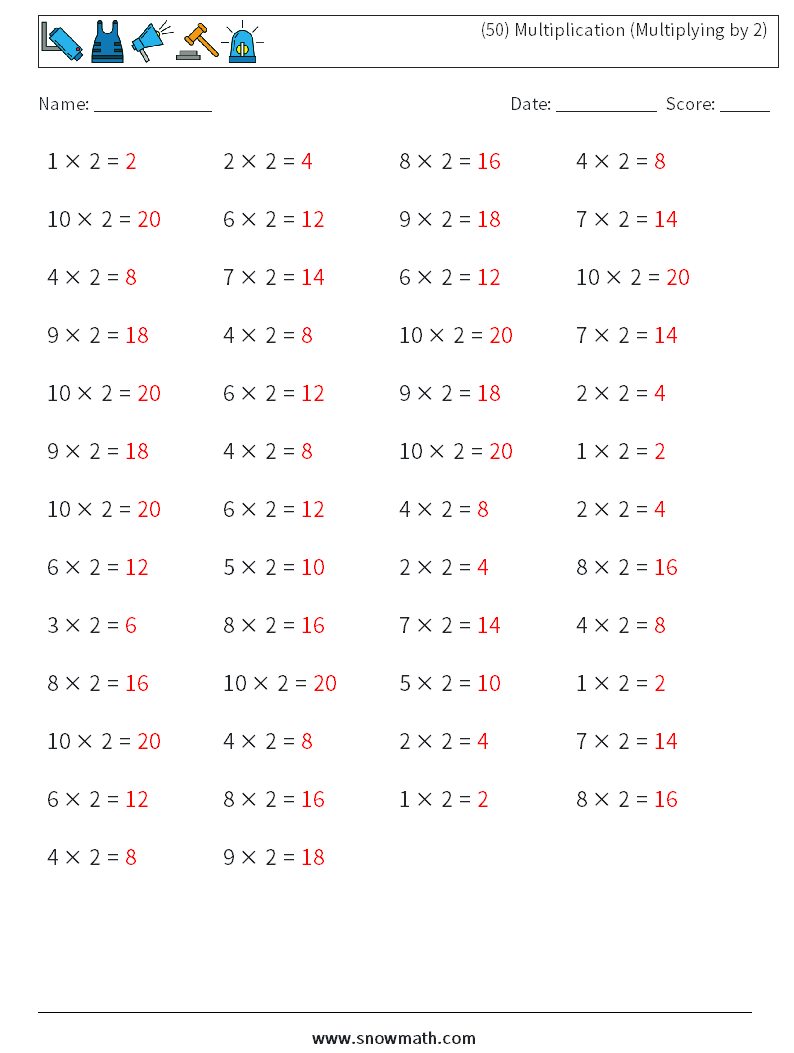 (50) Multiplication (Multiplying by 2) Math Worksheets 7 Question, Answer