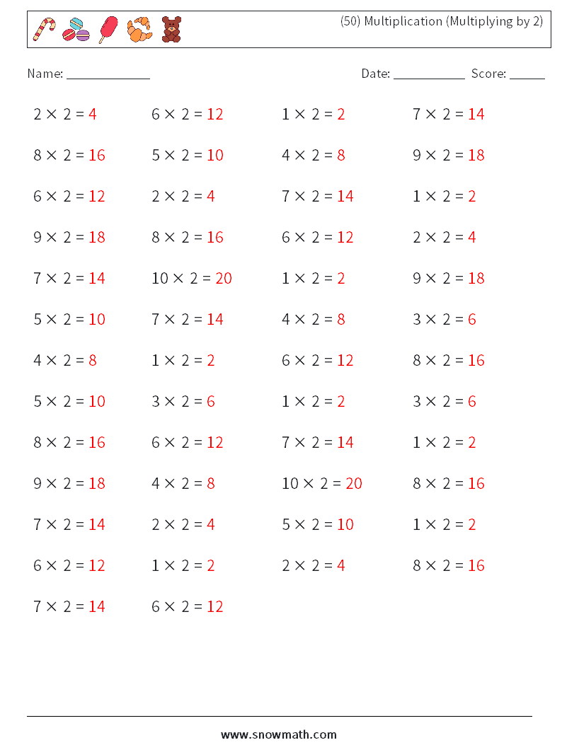 (50) Multiplication (Multiplying by 2) Math Worksheets 8 Question, Answer