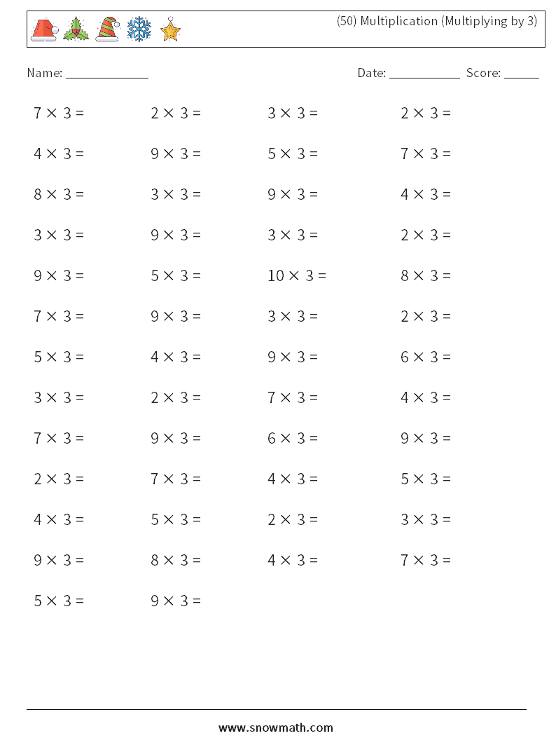 (50) Multiplication (Multiplying by 3) Math Worksheets 1