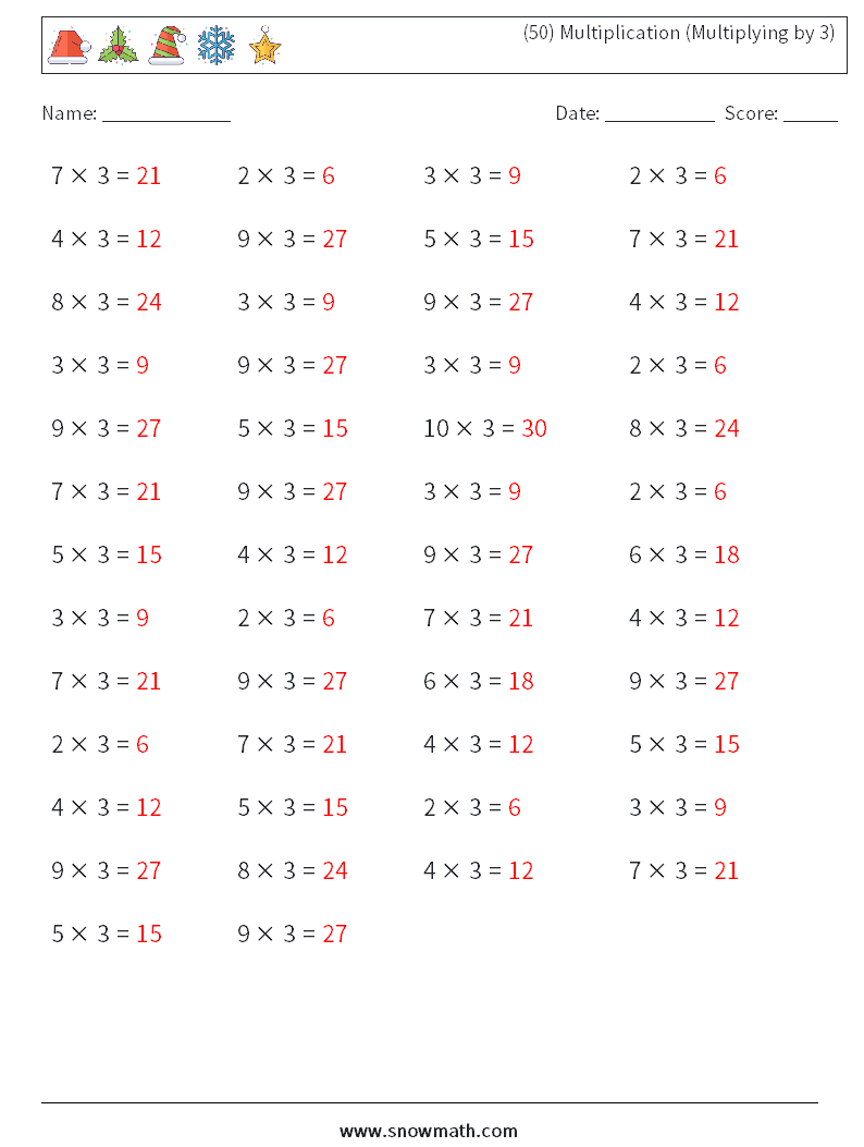 (50) Multiplication (Multiplying by 3) Math Worksheets 1 Question, Answer