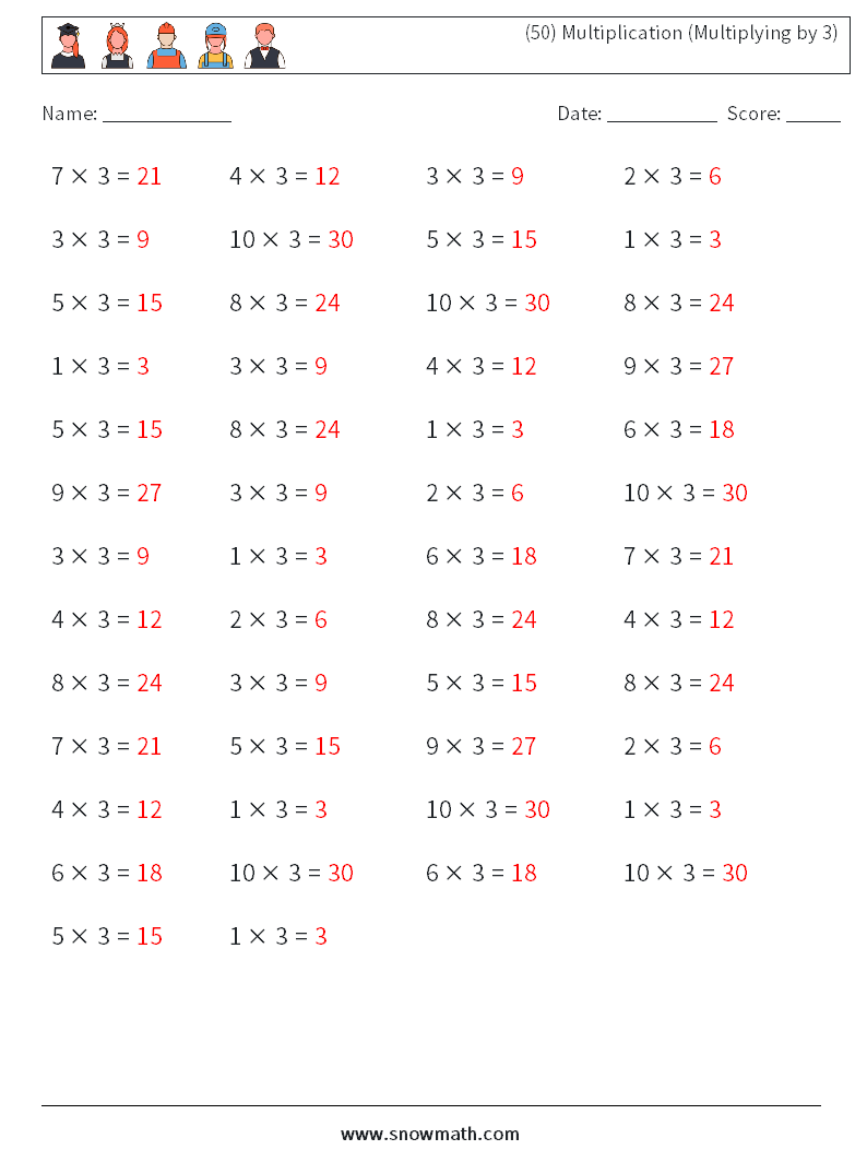 (50) Multiplication (Multiplying by 3) Math Worksheets 2 Question, Answer