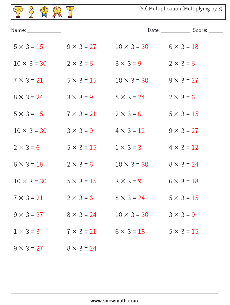(50) Multiplication (Multiplying by 3) Math Worksheets 3 Question, Answer