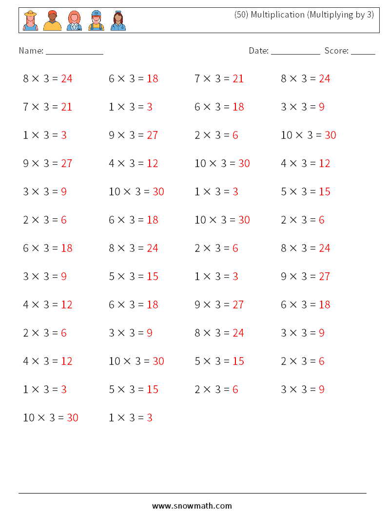 (50) Multiplication (Multiplying by 3) Math Worksheets 4 Question, Answer