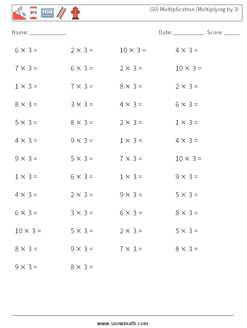 (50) Multiplication (Multiplying by 3) Math Worksheets 5