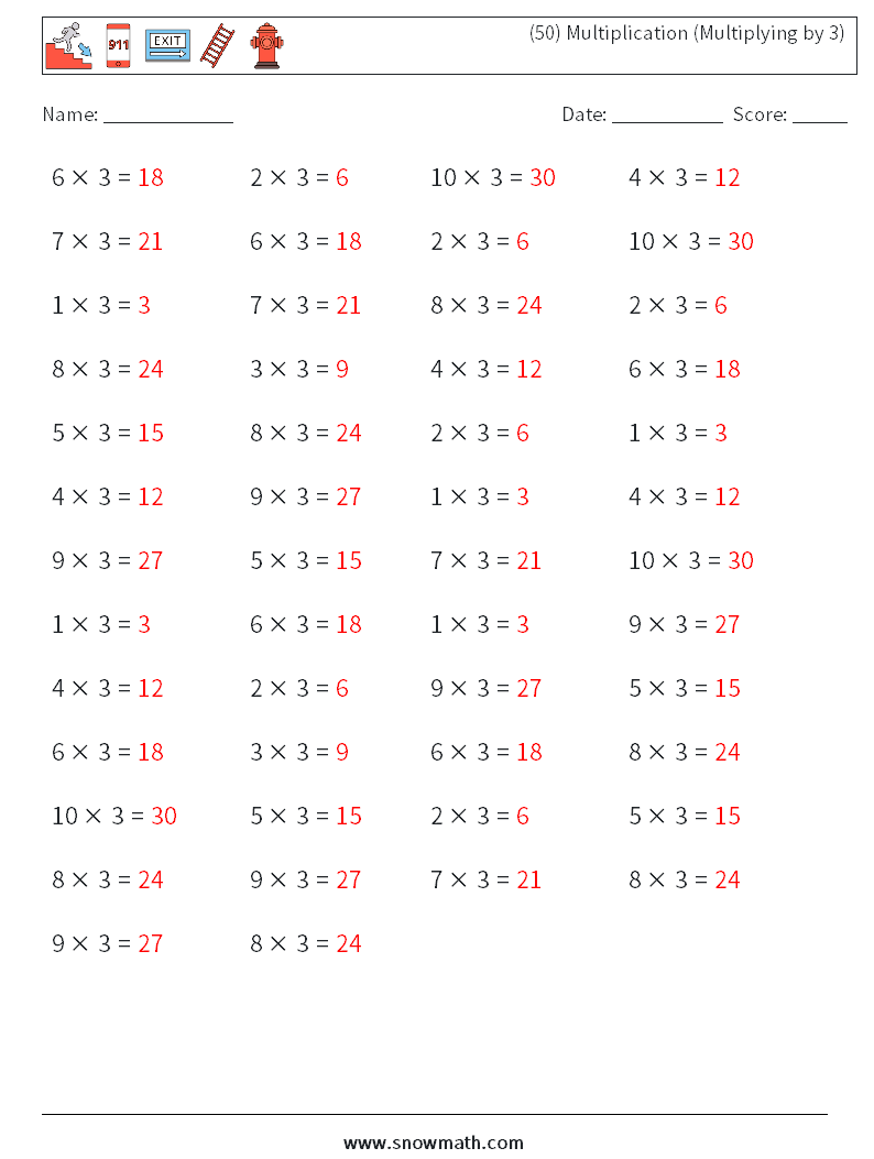 (50) Multiplication (Multiplying by 3) Math Worksheets 5 Question, Answer