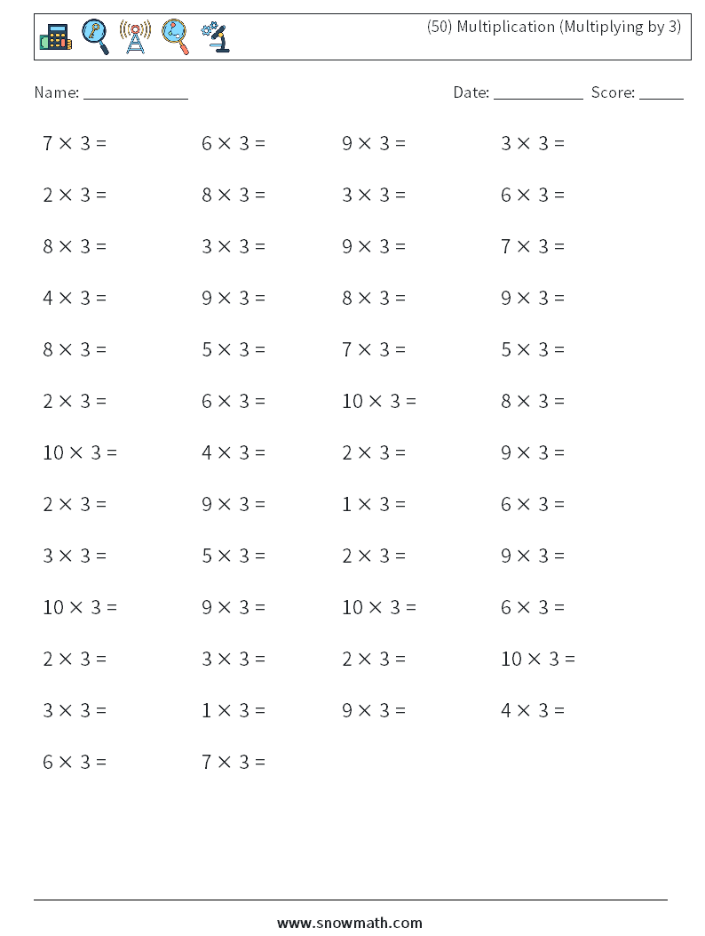 (50) Multiplication (Multiplying by 3) Math Worksheets 6