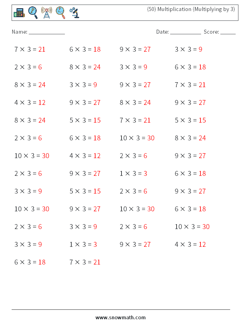 (50) Multiplication (Multiplying by 3) Math Worksheets 6 Question, Answer