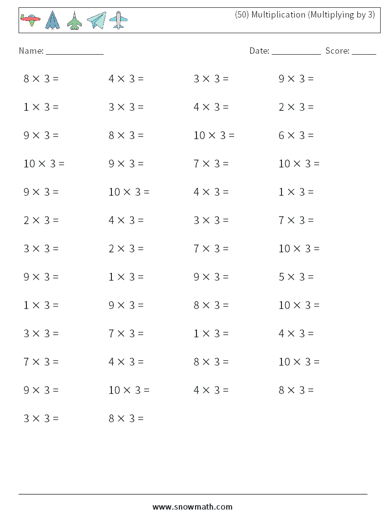 (50) Multiplication (Multiplying by 3) Math Worksheets 7
