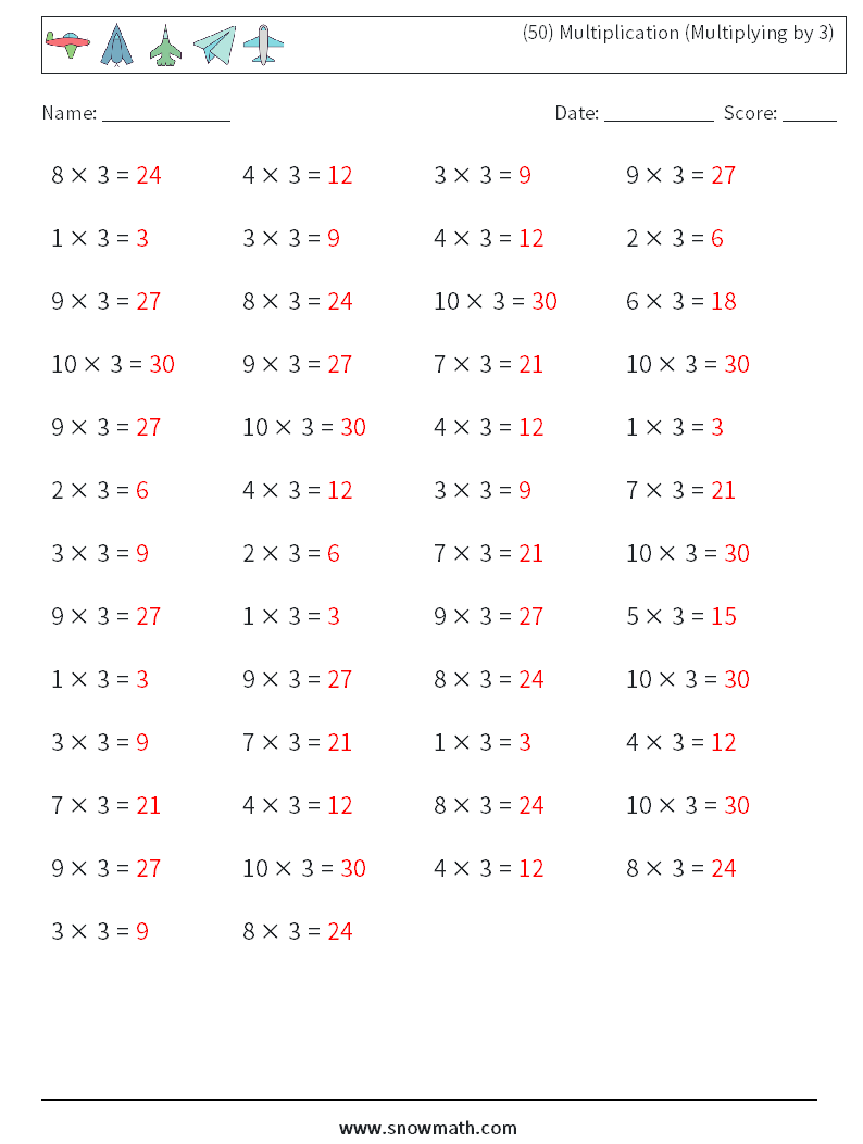 (50) Multiplication (Multiplying by 3) Math Worksheets 7 Question, Answer