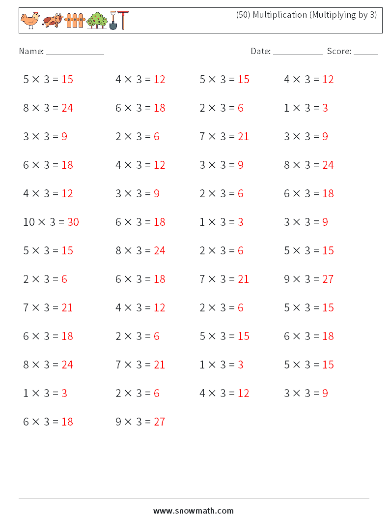 (50) Multiplication (Multiplying by 3) Math Worksheets 8 Question, Answer