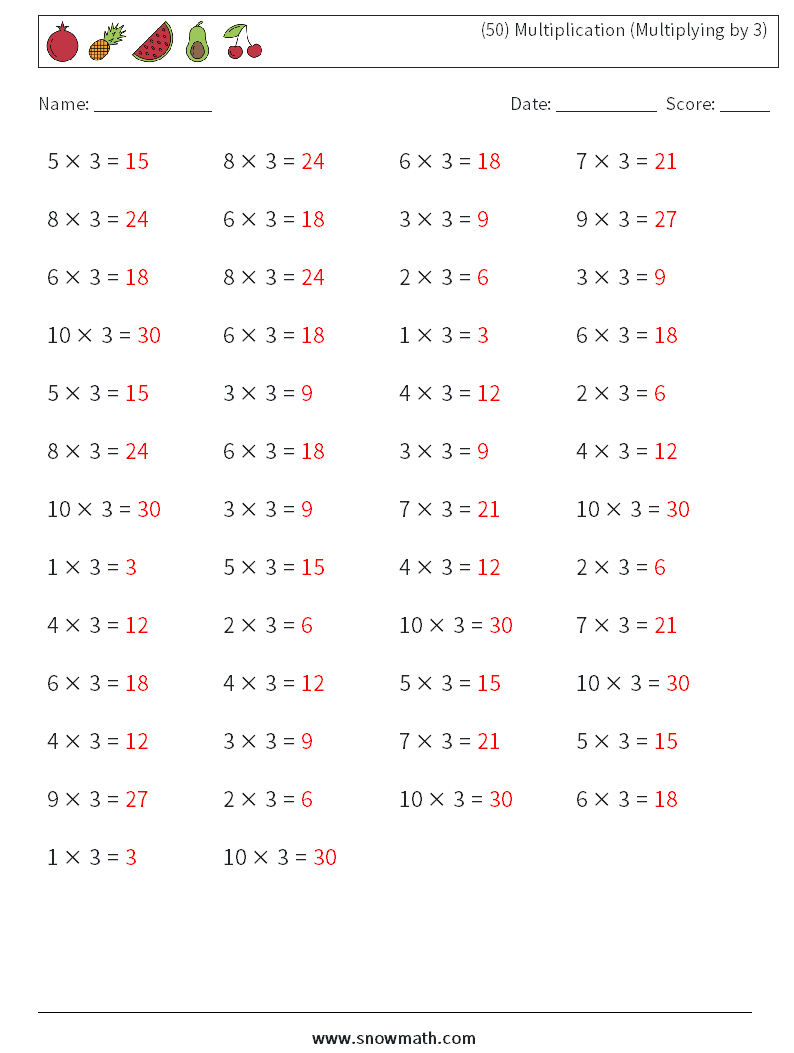 (50) Multiplication (Multiplying by 3) Math Worksheets 9 Question, Answer